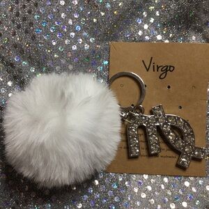 White Pom Pom Keychain with Silver Virgo Charm